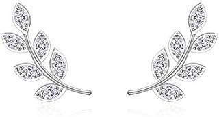 QUKE 925 Sterling Silver Cubic Zirconia Crystal Leaf Shape Pierced Stud Earrings For Women Girls