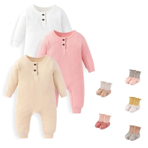 Image of JELYLOVE Unisex Long Sleeve Baby Romper And Sock Solid infant Boy Girl Jumpsuits 0-24Months New Born Outfits