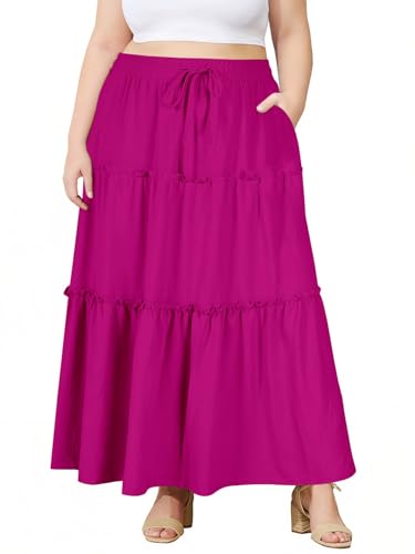 Image of Moon Wood Plus Size Maxi Skirts for Women Trendy Long Flowy Boho Tiered Skirt Renaissance Summer Beach Skirt with Pockets