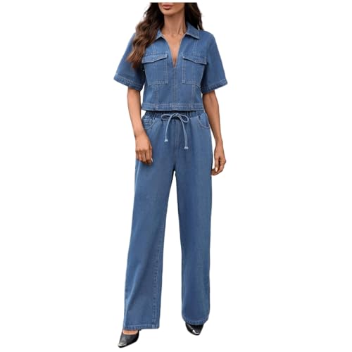 2 Piece Women Denim Set, Short Sleeve V-Neck Loose Polo