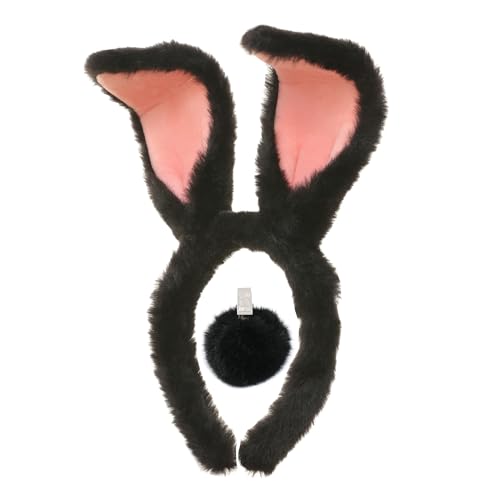 CHEU Easter Bunny Headband and Pom Pom tail set for rabbit costume (black)