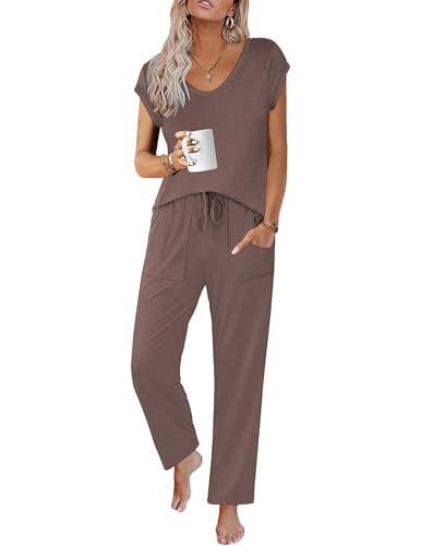 Image of Ekouaer Womens Pajama Sets Short Sleeve Sleepwear Tops and Long Pants V Neck Pjs 2 Piece Lounge Set with Pockets S-XXL