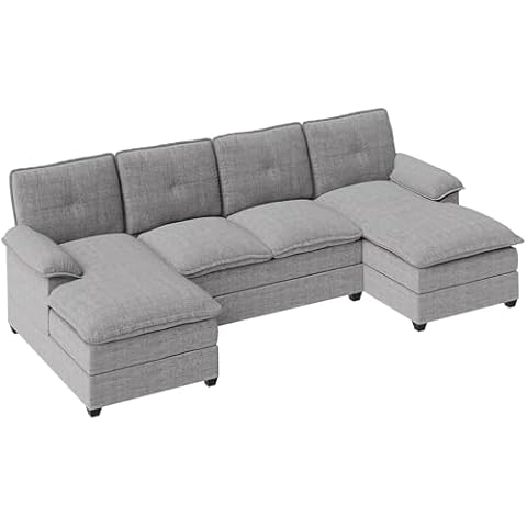 SUNLEI 4 Seat Sectional Sofa with Double Chaise for Apartment,Linen Ash Cover
