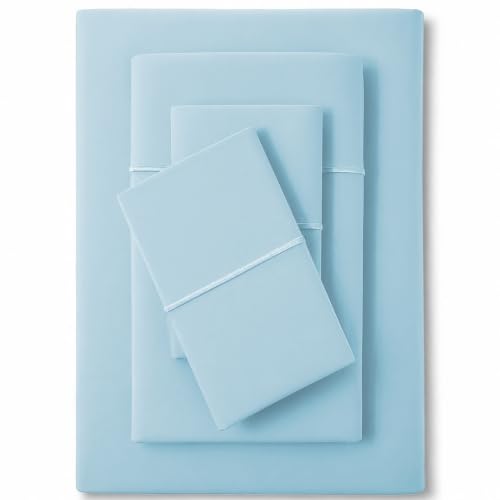 Image of Feather & Stitch 500 TC King Size 4pc Damask Bed Sheet Set, 100% Soft Cotton Breathable Bedsheets, 18 inch Deep Pockets Sateen Weave Solid Bedding Mattress Resort Hotel Luxury Decor - (Feather Blue)