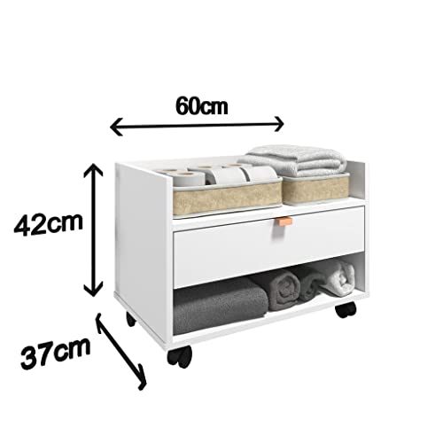 Gabinete Armário para Banheiro 60cm de Madeira com Rodízios Gaveta Branco com Cobre