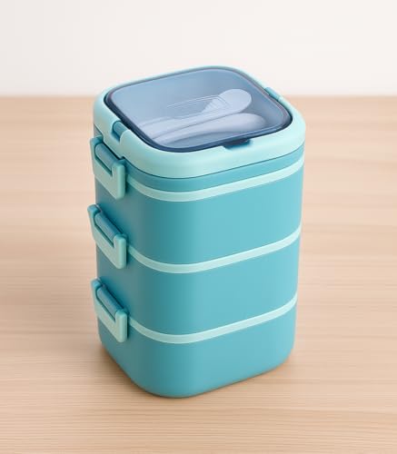 Image of 3 Layer Stainless Steel Insulated Lunch Box-Tiffin Box for Kids,Adults| Leak Proof Double Wall Lunchbox for Office, School Use with Spoon & Lid -Color May Vary (Square)