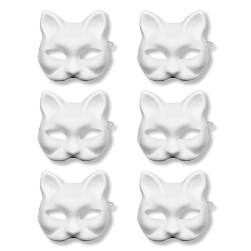 KEQAR 6 Máscaras com rosto de gato máscaras de personagens de Halloween estilo doodle para fazer você mesmo Acessórios para bailes de máscaras e festas de fantasia sem pintar (brancas)