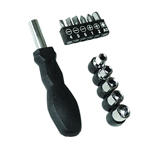 PARENCE.- Tournevis Multifonction 12 en 1 / Tournevis (Corps) avec 5 Clés à Douille (inserts), 3 Embouts plats (4, 5, 6), 2 embouts cruciformes (1, 2) et 1 embout clé à douille