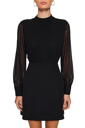 فستان قصير منسوج من الشيفون برقبة عالية وقصة ايه لاين من ترينديول، لون أسود، مقاس 34 موديل TWOAW24EL00296