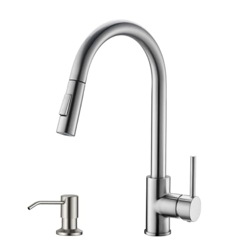 Image of Havin Brushed Nickel Kitchen Faucet with Pull Down Sprayer,High Arc Stainless Steel Material,cUPC Cartridge,with A Spare Sprayer and Soap Dispenser,fit for 1 or 2 Holes Sink