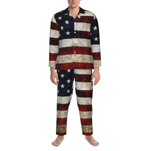 Retro Americaflag Mens Pajamas Set Button Down Sleepwear Set Long Sleeve Loungewear With Pockets