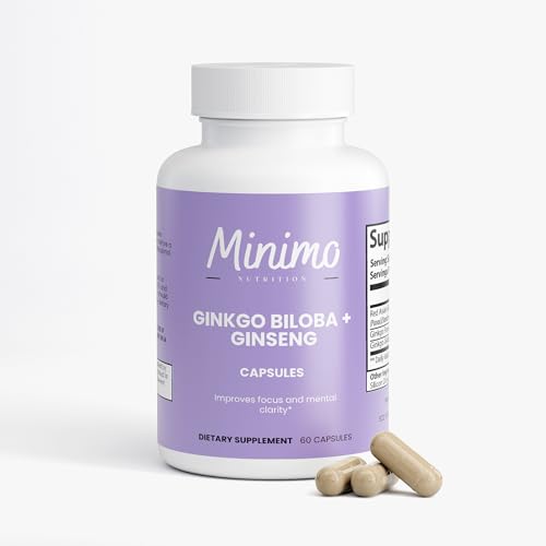 Minimo Nutrition Ginkgo Biloba + Ginseng, 3rd Party Certified, Supports Circulation, Memory, Cognitive Function, 60 Capsules