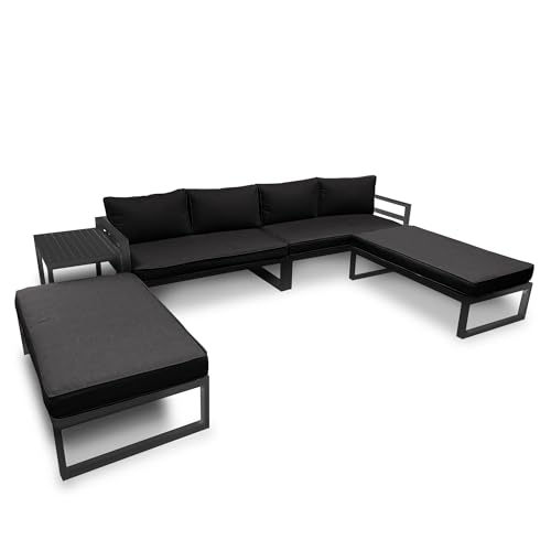 Perel Conjunto de jardín de Aluminio, Conjunto de jardín de 8 plazas, salón Exterior con Mesa Auxiliar y Cojines, para jardín, terraza y balcón, Estructura de Aluminio Resistente a la Intemperie,
