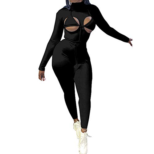 VWIWV Women's Lace Up Hollow Out High Neck Jumpsuit Long Sleeve Zipper Bodycon Rompers (Black, Large)