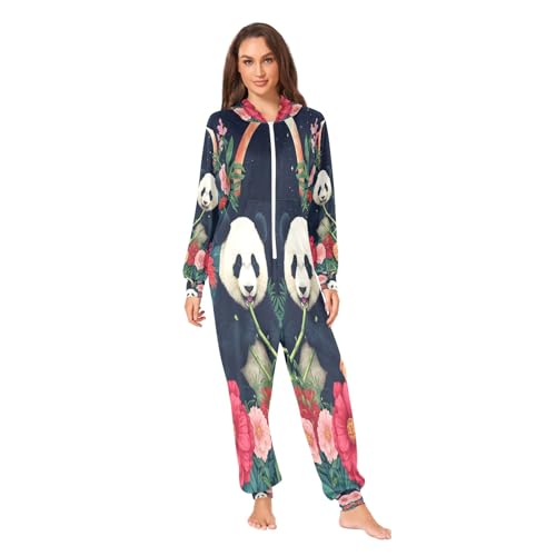 Nexawaveo Pijama enterizo de forro polar ultrasuave para adultos, diseño de flores de león, escena nocturna, acogedor, con capucha y bolsillo, Flores de pandas en cielo nocturno, X-Small