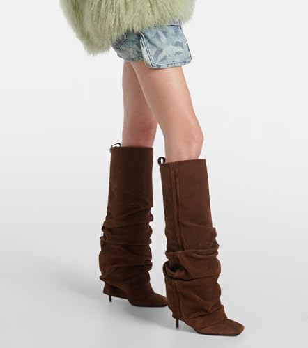 Elastic Leather Knee High Boots for Women,Women's Suede Slouchy Closed Square Toe Stiletto High Heel Tall Boots Comfortable Pull on Long Boots Sexy Fashion Mid Calf Fold Over Knee Boots Western Cowboy Boots Shoes3