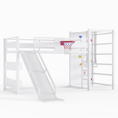Image of Bellemave Bunk Bed Twin Over Twin with Slide, Basketball Hoop & Climbing Wall, Heavy Duty Metal Twin Bunk Beds for Kids with Guardrails, Low Bunk Bed for Bedrooms, No Box Spring Needed, White