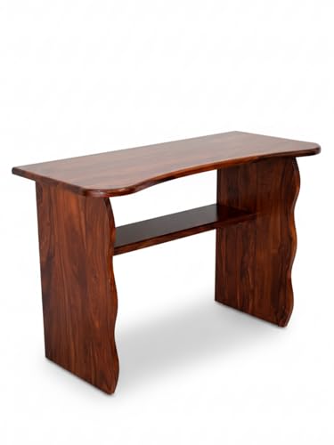 Image of Wooden Console Table for Living Room | Entryway Hallway Sofa & Fish Tank Table | Modern Curved Design with Open Storage Shelf | Decorative Display Stand Furniture | Brown Finish
