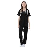 VICOGARD Scrubs Set for Women Medical Uniform–Stretch V-Neck Top & Straight Leg Pants with 9 Pockets for Nurse Workwear (Black, M)