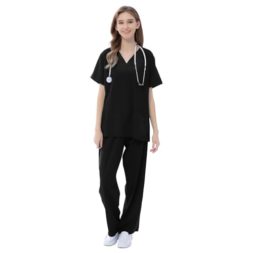 VICOGARD Scrubs Set for Women Medical Uniform–Stretch V-Neck Top & Straight Leg Pants with 9 Pockets for Nurse Workwear (Black, M)