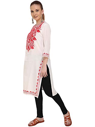 Image of QAZMI Women's Floral Aari Embroidered Viscose Rayon 3 /4 Sleeves Straight Kurta