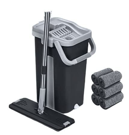 SWISSPACK Superior Sturdy And Strong Floor Mop and Bucket Set − Easy and Simple Squeeze Bucket, Flat Mop with 6-Pack Replacement Machine Washable Microfibre Mop Pads (Black)
