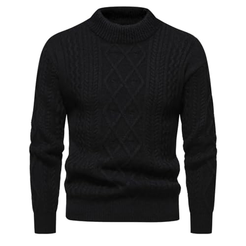 Men's Crewneck Casual Sweater Neck Long Sleeve Thickened and Warm Pullovers Slim Knitwear Black Asian Size L