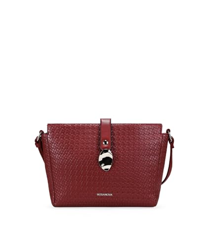 BOSANOVA Bolso Bandolera para Mujer con Grabado Floral, pequeña Solapa con Metal y asa de Cruzar Regulable. Cierre con Cremallera y Solapa. Rojo U