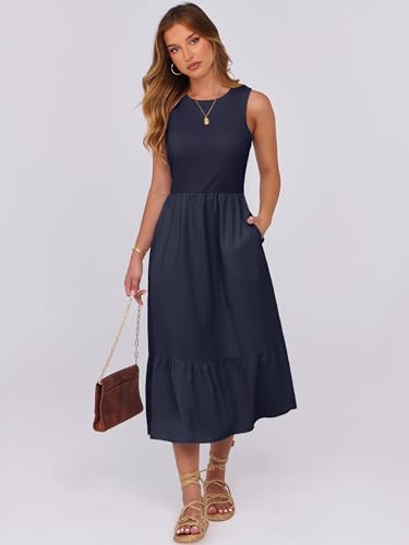 Image of ANRABESS Women Midi Dresses 2026 Summer Casual Sleeveless Sundress High Neck Tank Top Racerback Flowy Beach Dress & Pockets