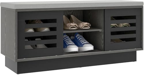 GOPLUS Banco Zapatero Versátil, Banco Zapatero Madera con Cojín, 6 Compartimentos y 2 Puertas Correderas, Estantes Ajustables en 3 Niveles, Diseño de Listones para Entrada Recibidor (Gris)