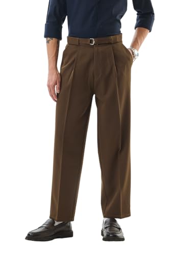 Image of SNITCH Men Trousers | Relaxed Fit Ankle Length with Pleated Front & Turned-Up Hem | Polyester Blend Twill Weave for Casual & Street Wear