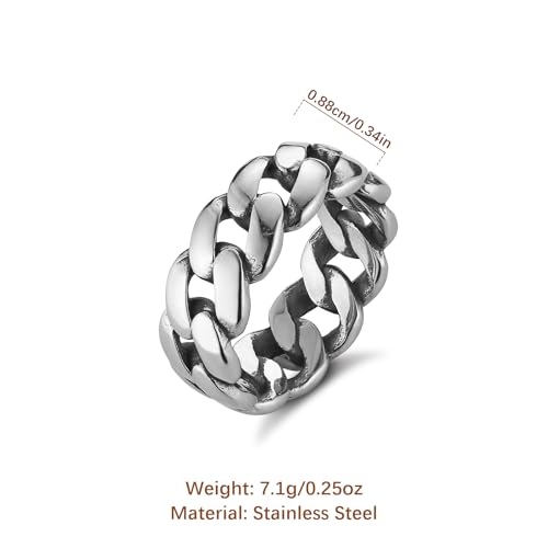 Image of HZMAN Mens Stainless Steel 7mm Wide Band Cuban Link Chain Ring, Silver Gold Black