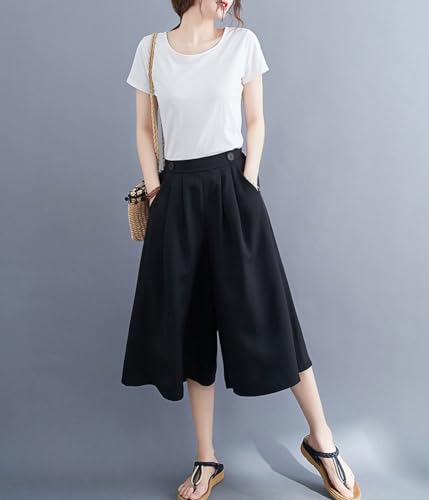 chouyatou Women's High Elastic Waisted Wide Leg Capris Business Casual Cropped Culotte Pants with Pockets4