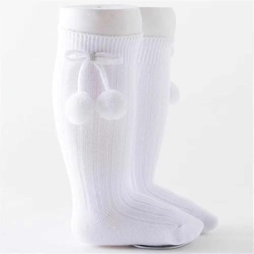 Calcetines Largos de Algodón Con Pompones, Medias Largas de Algodón para Bebés, Calcetines de Rodilla para niños, Calcetas de Bebé (FR/ES, Edad, 3 meses, 12 meses, Blanco)