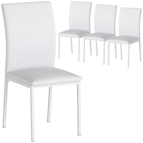 HOMCOM Lot de 4 chaises de Salle à Manger Modernes, chaises de Cuisine rembourrées, capitonnage rhombique et Pieds en métal, pour Salon, Maison, Blanc