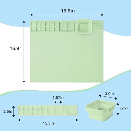 Silicone Craft Mat with Cleaning Cup and Paint Holder, 19.9"x16.9" Art Mat, Nonslip Silicone mat for Painting, Table, Resin and Play, Green