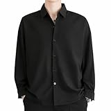 [OKJCON] シャツ メンズ 長袖 夏 ゆったり ビジネス カジュアル 無地 おしゃれ 大きいサイズ (JP, アルファベット, XL, ブラック)