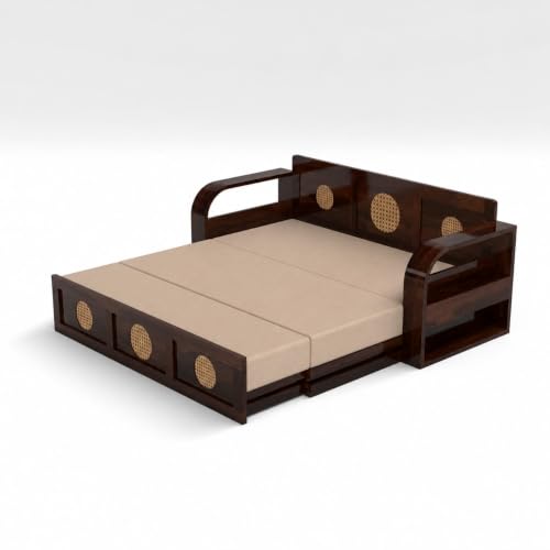 Image of Kunjal Furniture Solid Sheesham Wood Sofa Cum Bed with Storage for Living Room | 3-Seater Convertible Sofa Bed | Handmade Wooden Furniture (Walnut+Beige, Round Cane)