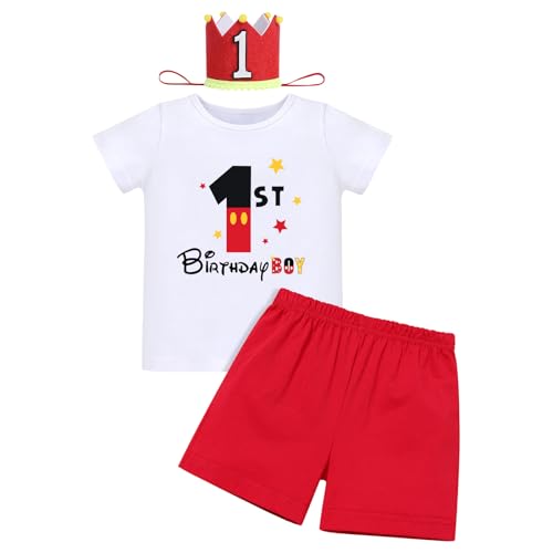 IBTOM CASTLE Baby Boys 1st Birthday Outfit Jungle Safari & Space & Farm Top Shirt Shorts Crown 3PCS Cake Smash Clothes Set