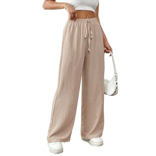 Risipu Women Linen Trousers Summer Wide Leg Trousers High Waisted Breathable Palazzo Casual Cotton Pants with Side Pocket (M Khaki)