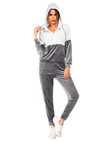 Hotouch Womens Velour Outfit Set Hooded Velvet Sweatsuit Set 2 Piece Soft Winter Tracksuit Outfits Activewear White+Grey Xxl #TOP29