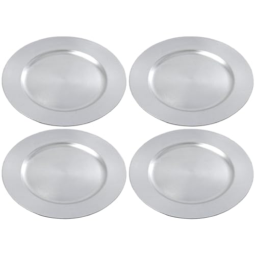 AC - Pack de 4 Bajoplatos Reutilizables Redondos de plástico, Plato Llano Decorativo, Bandeja para presentación de Dulces de Navidad, turrón, Pasteles (Plateado, Ø 33 cm)