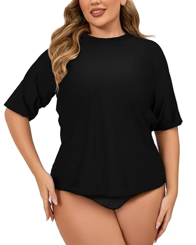 Halcurt Womens Plus Size Rash Guard Short Sleeve Swim Shirts Loose Fit UPF50+ Sun Protection Swimsuit Top Only Black2 3X