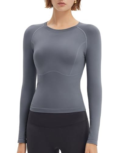 SUUKSESS Women Seamless Workout Long Sleeve Shirts Crew Neck Gym Athletic Tops Fitted Running Yoga Top (Hemp Gray, S)