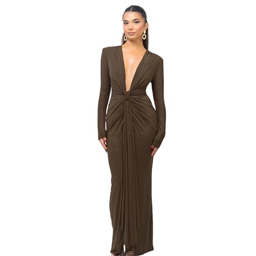 Women's Sexy Glitter Deep V Neck Long Sleeve Maxi Dress Sparkly Ruched Split Bodycon Party Cocktail Dresses Khaki
