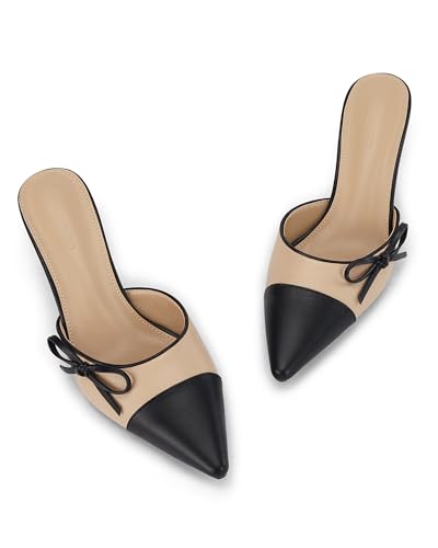 Coutgo Womens Bow Tie Mules Heels Two Tone Closed Pointed Toe Slip On Backless Wedding Dress Shoes Pumps,Khaki, Size 6