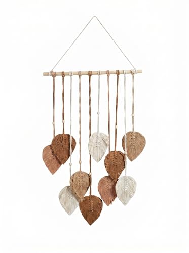 Image of JH Gallery Macrame Leaf Hanging, Boho Tapestry with Wooden Beads for Bedroom, Living Room, Balcony and Home Decor, Boho Chic Accent for Office Decor(Brown & White)