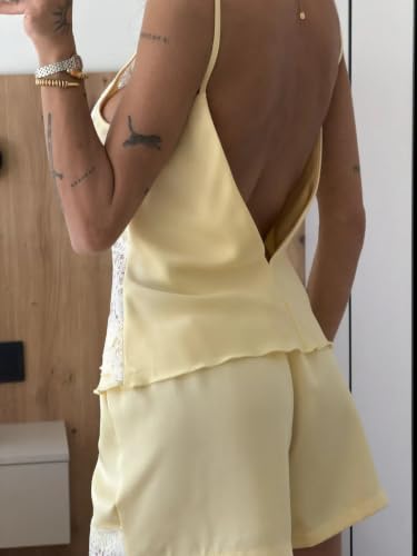 Image of Women Lace Trim Coquette Shorts Set Silk Satin 2Pcs Pajama Set Sleepwear