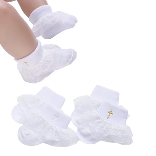 Newborn Baptism Socks Infant Turn Cuff White Christening Cotton Sock With Eyelet Ruffle Lace and Cross, 0-12 Months