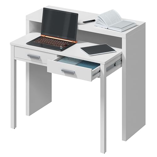 Habitdesign Mesa Escritorio Extensible, Mesa Estudio, Consola, Color Blanco Artik, Medidas: 98,5 cm (Largo) x 36-70 cm (Fondo) x 87,5 cm (Alto)
